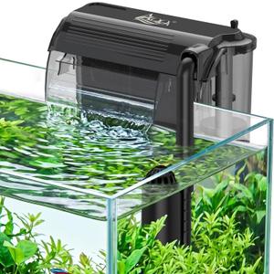 AQQA Aquarium Hang on Back Filter Whisper Fish Tank HOB Filter with Adjustable Flow, Multi-Stage Filtration with Surface Skimmer & Sponge Guard for Small Fish Tanks 10-30 Gallon (5W, 106GPH)
