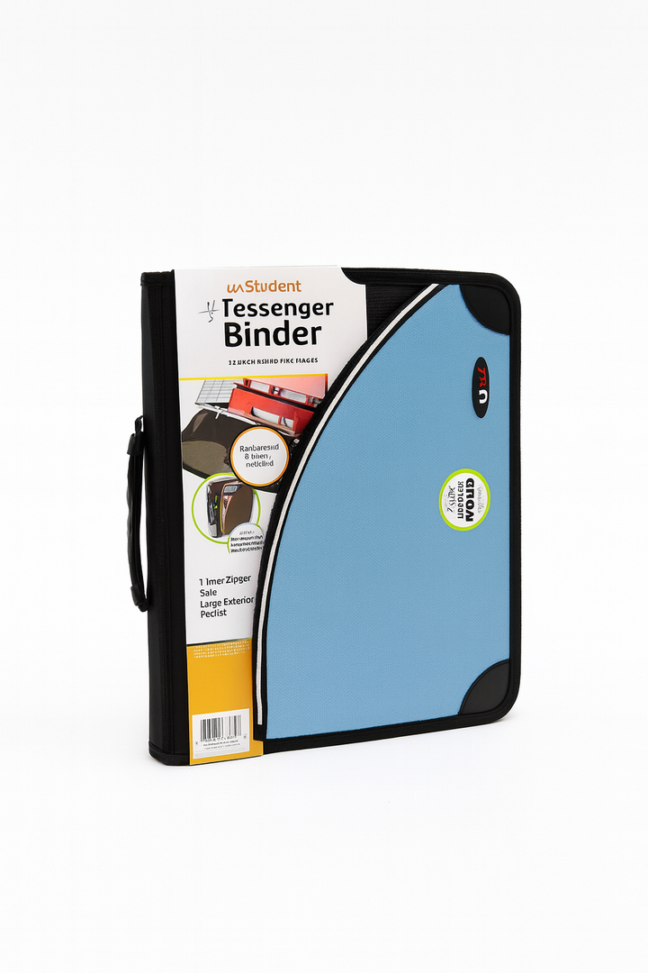 3-Ring Messenger Binder Zippered Multiple Storage Pockets Blue Notebook