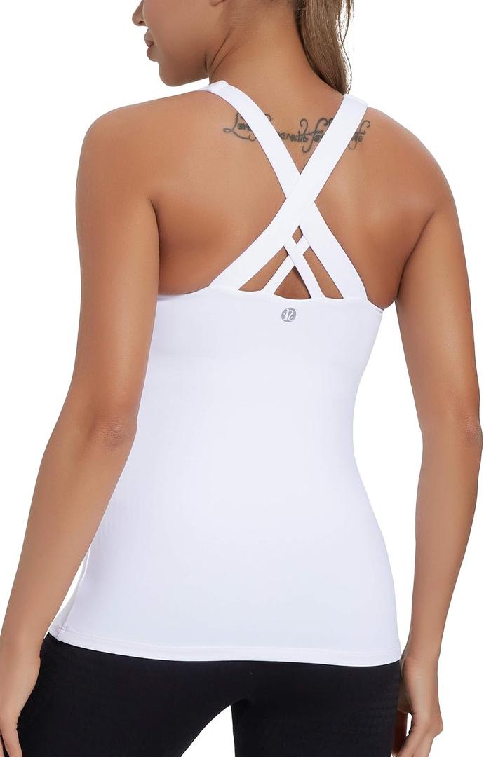 RUNNING GIRL Women's Workout Tank Top, Built in Shelf Sports Bra Strappy Back Compression Athletic Shirts（BX2680.White.M）