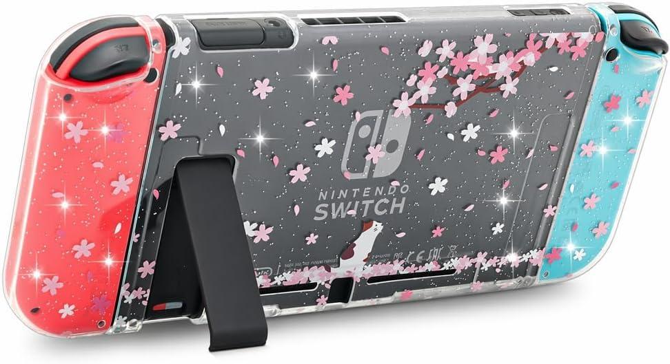 ECHZOVE Cute Glitter Switch Case with Cherry Blossom Flowers – Clear Dockable Protective Cover with Screen Protector & Thumb Grips, Aesthetic Pink Gaming Accessories Gift for Girls