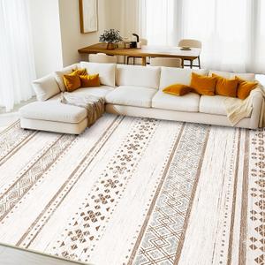 BESTSWEETIE 8x10 Area Rugs for Living Room Washable Moroccan Farmhouse Neutral Geometric Low Pile Non-Slip Soft Print Pattern Rug for Bedroom Kitchen Dining Room Entryway Cream/Brown/Pink