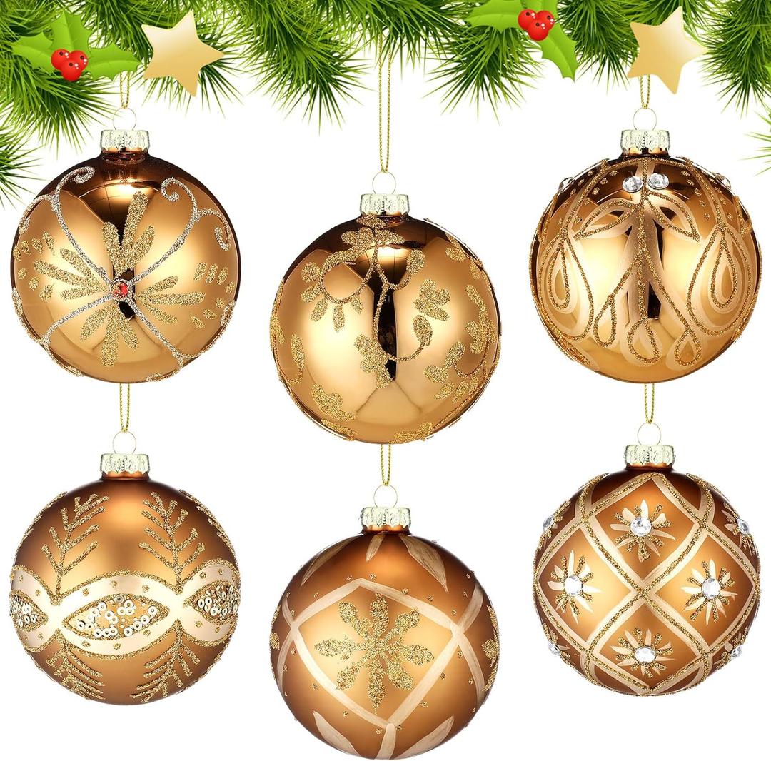 6 Pcs 3.15 Inch Glass Luxury Christmas Ball Bronze and Gold Ball Ornaments Glass Christmas Tree Decorations Luxury Hanging Ornaments for Xmas Tree Party Holiday Decor