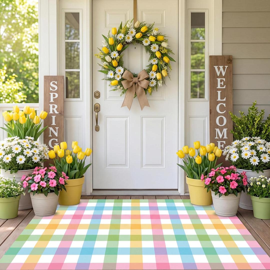 Duraaamo Spring Pastel Checkered Rug, 24 x 35 Inch Checkered Area Rug Outdoor Colored Front Porch Door Mat Welcome Spring Layering Rustic Mat, Entryway Farmhouse Decor (1'11" x 2'11" (Rectangular))
