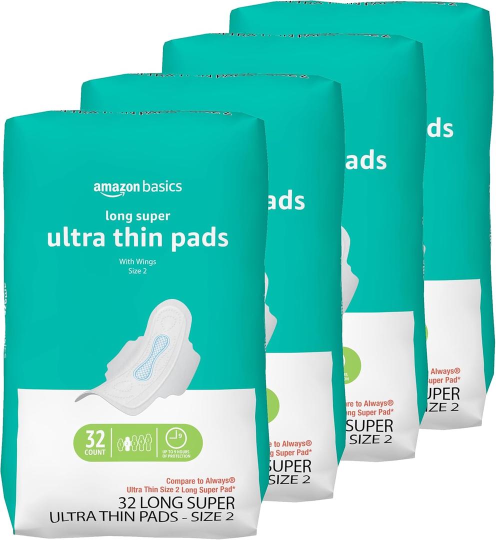 Amazon Basics Ultra Thin Pads with Flexi-Wings for Periods, Long Length, Super Absorbency, Unscented, Size 2, 128 Count, 4 Packs of 32