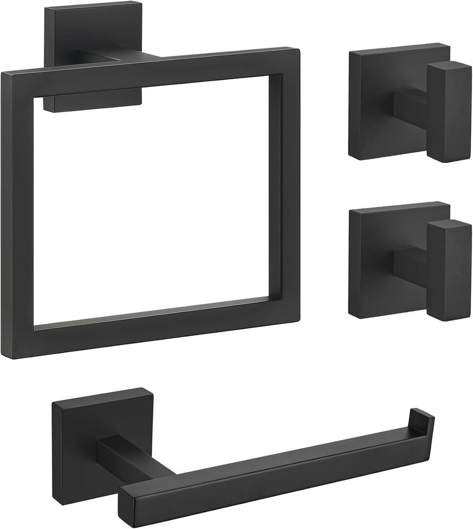 Matte Black Bathroom Hardware Set 4 Pieces, Toilet Paper Holder Set SUS304 Stainless Steel Bath Hand Towel Ring Set for Bathroom Hardware Accessories Set Wall Mounted