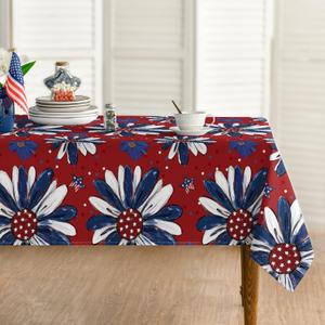 Horaldaily 4th of July Tablecloth 60×60 Inch Square, Patriotic Memorial Day Print Flowers Independence Day Blue Washable Seasonal Table Cover for Party Picnic Dinner Decor