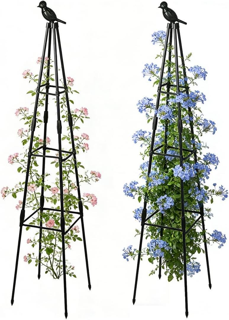 Garden Trellis, 47” Plant Trellis for Climbing Plant, Plant Support with Bird Decoration, Adjustable Rustproof Garden Obelisk for Roses, Clematis in Indoor or Outdoor - 2PACK