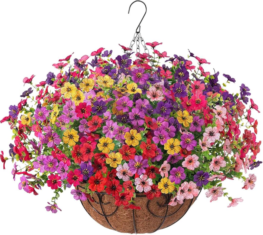 HyeFlora Artificial Fake Hanging Plants Flowers with Basket Outdoor Decor Faux Silk Dasiy Flower Arrangements in Pot Planter for Porch Home Indoor Patio Garden Yard Decoration (6 Multicolor)