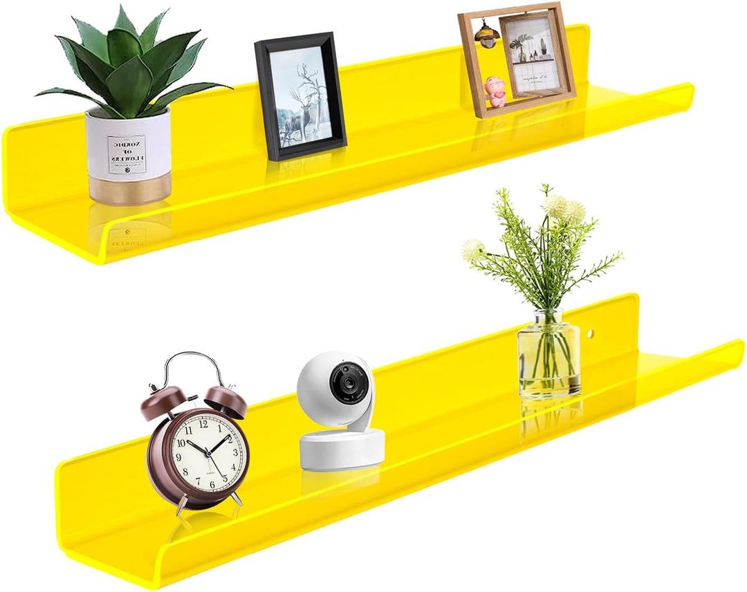 ROYALITA 24 Inches Acrylic Floating Book Shelves Wall Mounted Set of 2, Wall Hanging Plant Display Shelves, Room Decor Floating Wall Shelves for Gaming Room, Bedroom, Living Room, Office, Yellow
