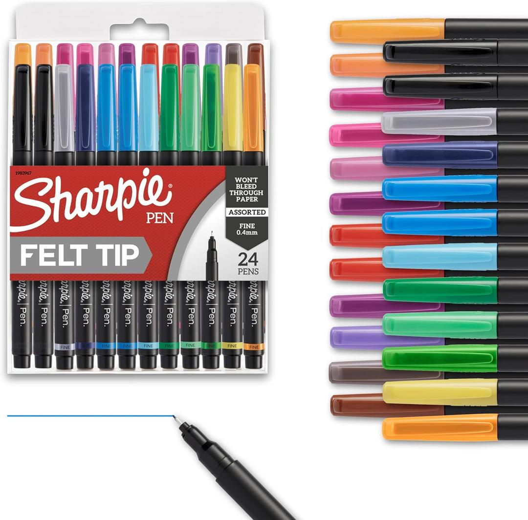 Sharpie Felt Tip Pens, Fine Point (0.4mm), Assorted, 24 Count - Perfect for Journaling, Art, Drawing, Coloring, Writing, School Classroom, Teacher Supplies