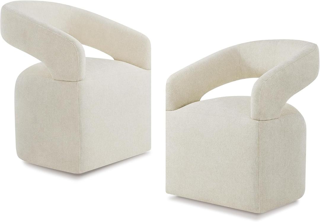 Upholstered Dining Chairs with Casters, Modern Barrel Side Armchair with Rollers for Dining Room, Bedroom, Kitchen, Reading Room, Cream Beige, Set of 2 (2 PCS - Assembly Required)