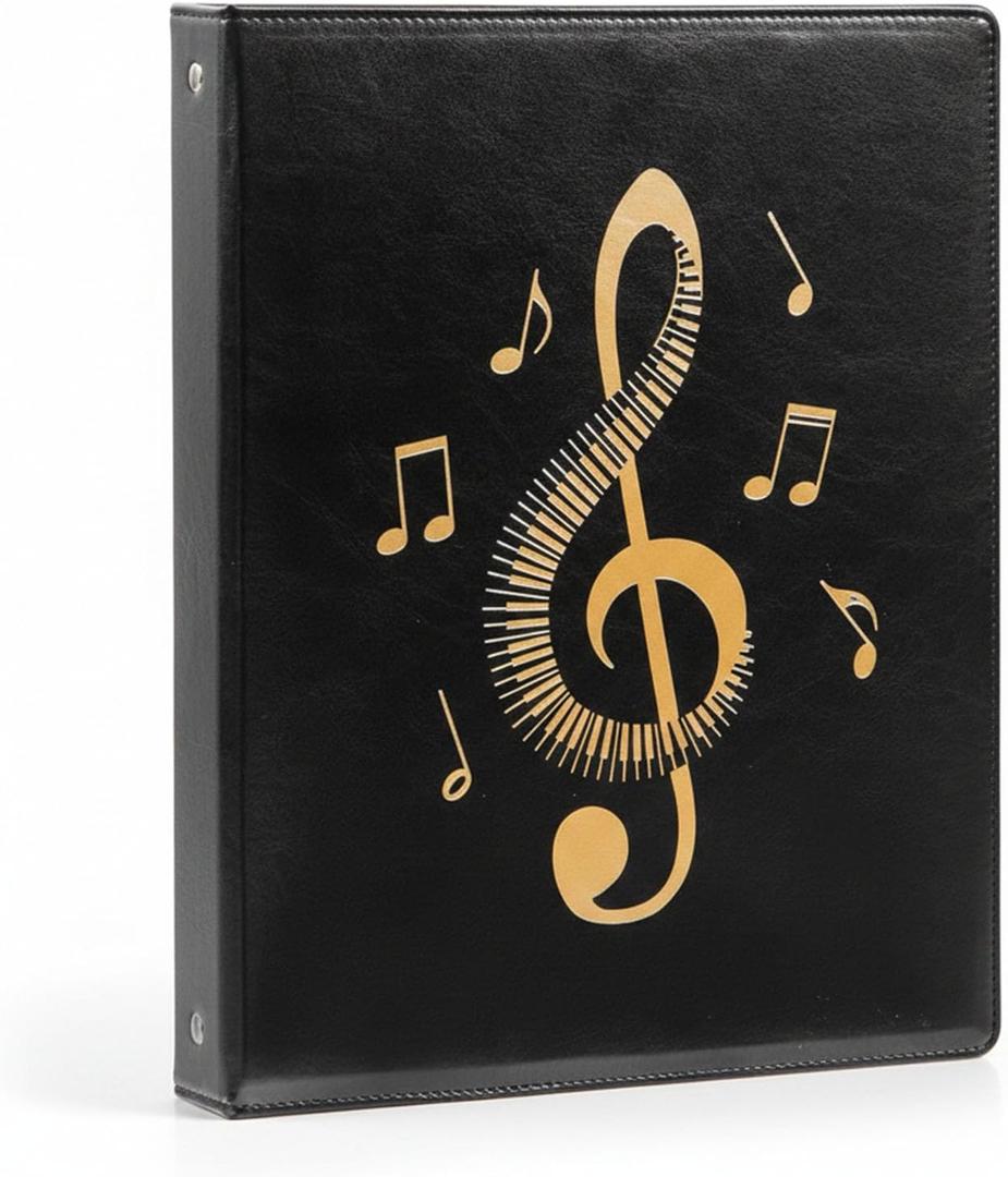 Sheet Music Folder, Leather, 20 Non-Reflective Sheets/40 Pages, Write-on, 4-Ring Binder (Black)