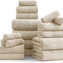 18 Pcs Camel Woven Family Towels Set-6 Bath Sheets,6 Hand Towels,6 Washcloths Soft Polyester Towels Absorbent Shower Towel Quick Dry Beach Chair Towel Lint Less Towels Set for Bathroom Spa Gym Hotel
