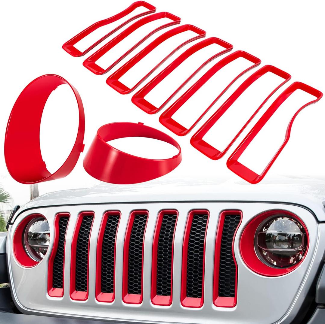 Front Grille Mesh Inserts & Headlight Cover for Jeep Wrangler JL JLU Unlimited Sport & Sport S 2018-2023 Exterior Accessories Clip-in Grille Guard Cover Headlight Bezels Trim Ring (Red 9PCS)