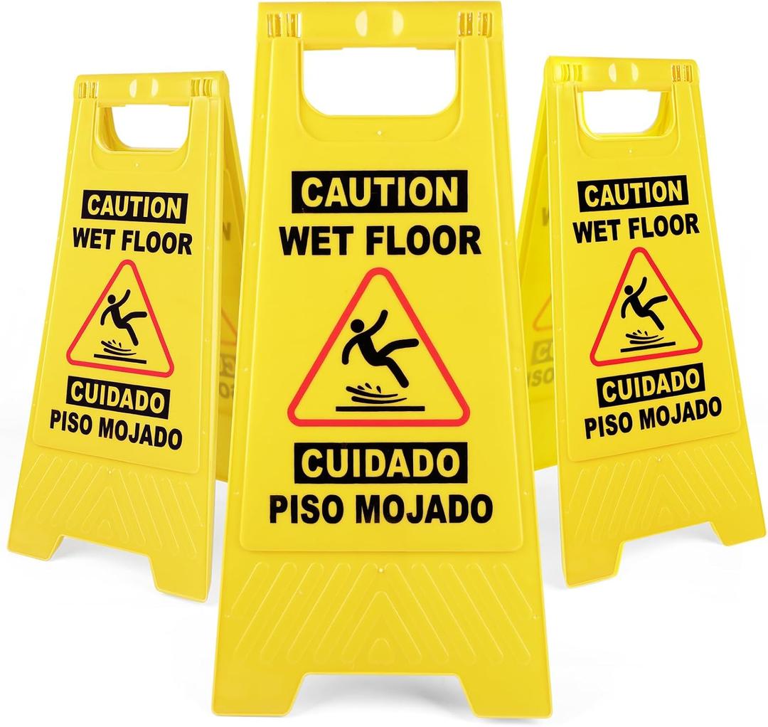 XPCARE 24 Inches Caution Wet Floor Sign, 3PCAK Yellow Bilingual Double-Sided Safety Warning Signs,A Frame Safety Wet Floor Signs Commercial