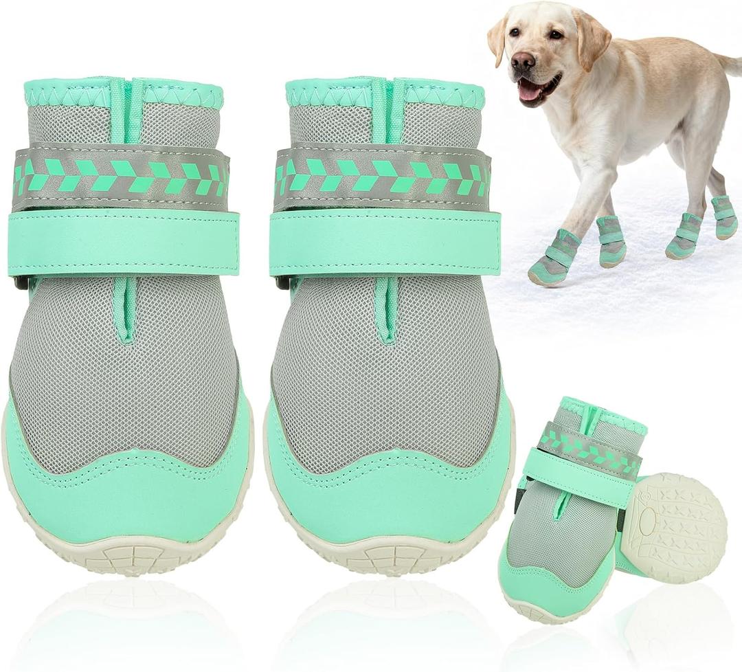 SCENEREAL Anti Slip Dog Shoes for Large Dogs, Medium Sized Dog Boots & Paw Protectors for Winter Snowy Day, Outdoor Walking, Water-Resistant in Rainy Weather, Indoor Hardfloors Skid-Resistant Sole (Size 7:(3.2"x2.8")(L*W), Green)