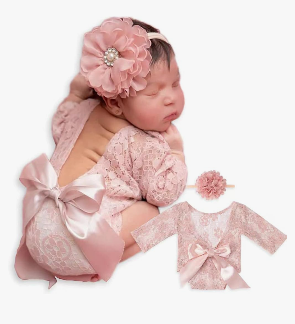 ForBaysy Infant Newborn Photography Props Girl Outfit Lace Romper with Cute Flower Headband Newborn Dress Posing Props