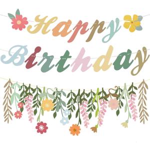 3 Pcs Flower Happy Birthday Decorations Hanging Paper Flower Garland Banner Spring Birthday Banner Groovy Boho Floral Party Supplies for Girls Women Fairy Wedding Garden Tropical Wall Decor