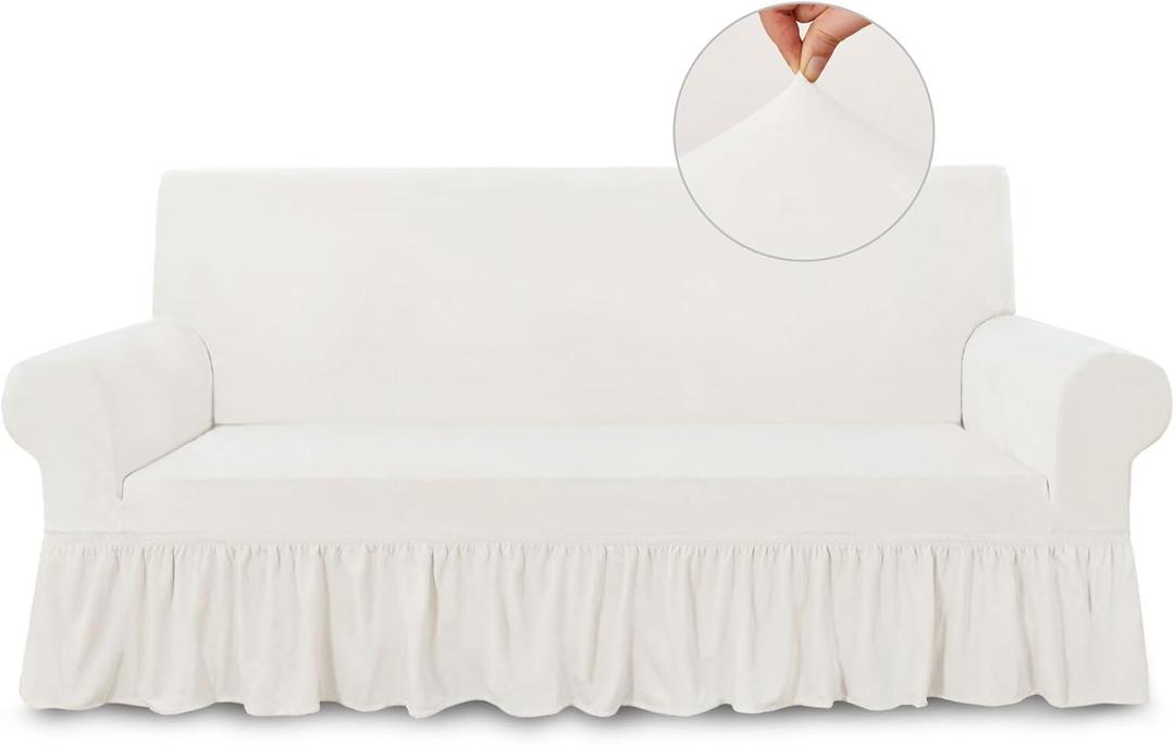 NICEEC Sofa Cover Super Soft 1-Piece White Sofa Slipcover for Sofas Stretch Universal Spandex Couch Covers for Living Room Easy Fit Washable Furniture Sofa Protector with Skirt (Large)