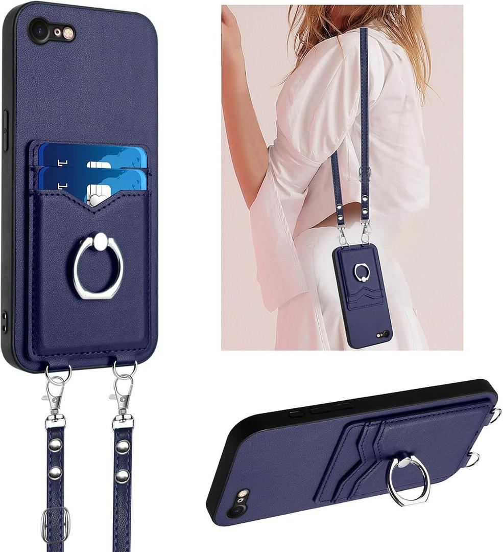 LEMAXELERS Crossbody Wallet Case for iPhone 16e with Card Holder and Ring Stand Kickstand Wrist Strap Lanyard Handbag Purse Phone Cover for iPhone 16e. Blue YKB