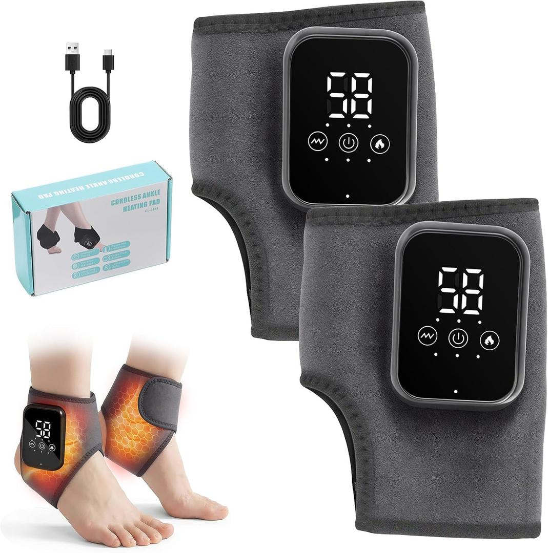 Foot Massager 3 in 1, Cordless Foot Massagers for Pain and Circulation | 3-Level Heat, 3 Vibration Mode, LCD Display, Rechargeable, Ankle Massage for Swelling and Achilles Relief, 2PCS