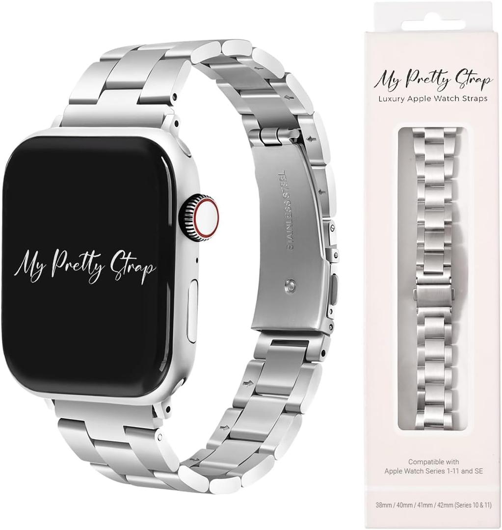 My Pretty Strap - Compatible Apple Watch Band Strap, Stainless Steel Fashion iWatch Replacement Strap- Easy Resizing, No Tool Needed, Fits Most Wrists- Compatible with Series 1-11, SE and Ultra