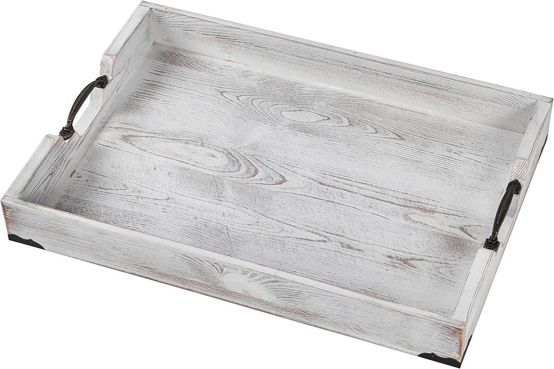 Large Wood Rectangular Serving Tray 20 x 14 Inch Rustic Wooden Ottoman Tray with Metal Handle and Wrapped Corners, Wood Coffee Table Tray Solid Pine Decorative Tray Whitewashed