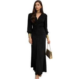 Womens V-Neck Long Sleeve Ruched Bodycon Dress Elegant Formal Cocktail Party Evening Maxi Dresses (Black, M)