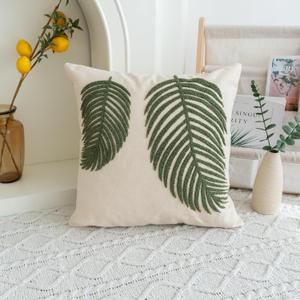Linen Green Leaf Throw Pillow Cover, Square Pillowcase with Tufted Tropical Palm Leaves, Modern Decorative Cushion Sham for Rustic Spring Summer Home Outdoor Decor, 18x18 inches, 1 Pc (Lime)