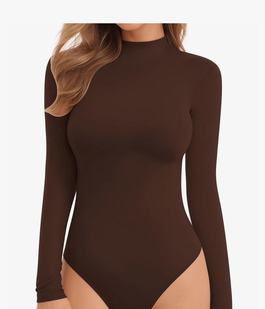 MANGOPOP Long Sleeve Double Lined Bodysuit for Women Mock Turtle Neck Body Suit Tops, M