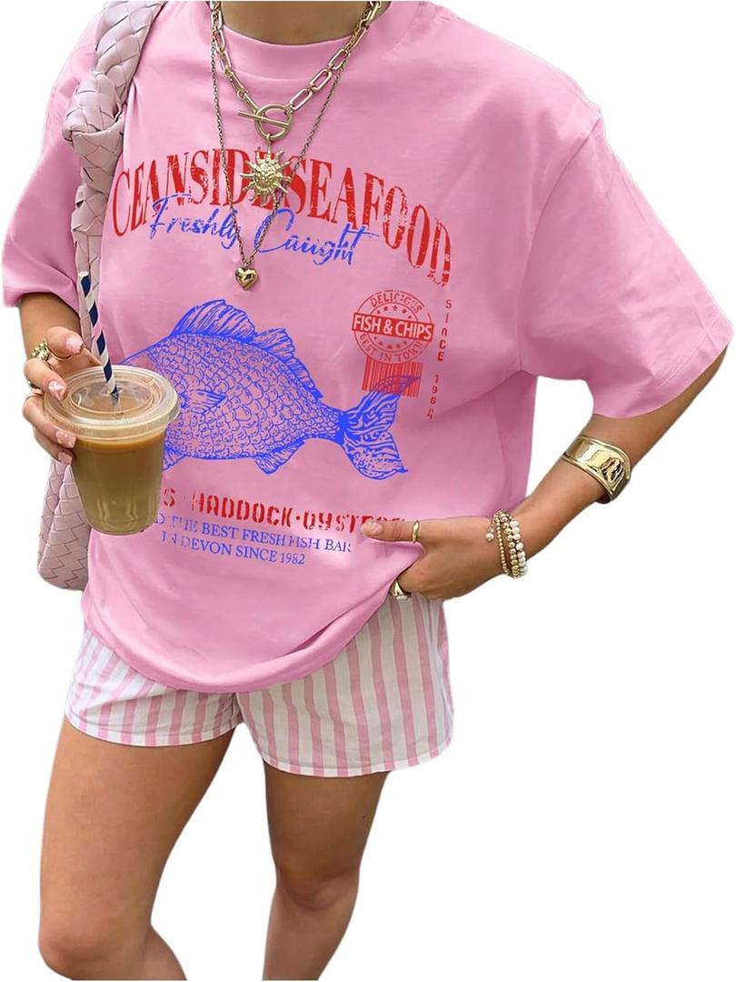 Women's Letter Graphic Tees Short Sleeve Crew Neck Loose T Shirt Drop Shoulder Casual Tops (Pink, XS)