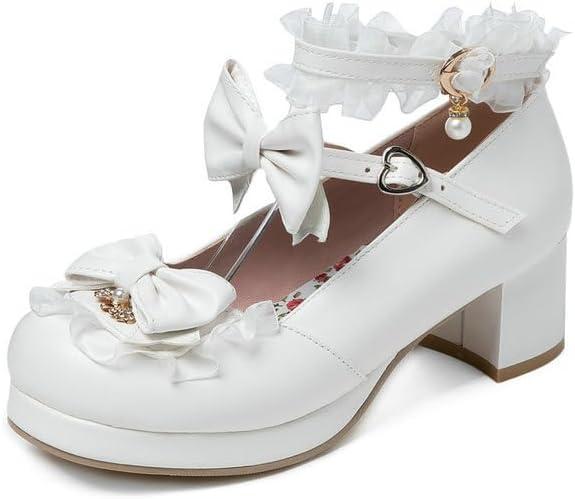 Women Kawaii Mid Block Heel Shoes, Mary Jane Pumps with Bow and Pearl Platform Chunky Heel Cute Sweet Shoes (White, 38)