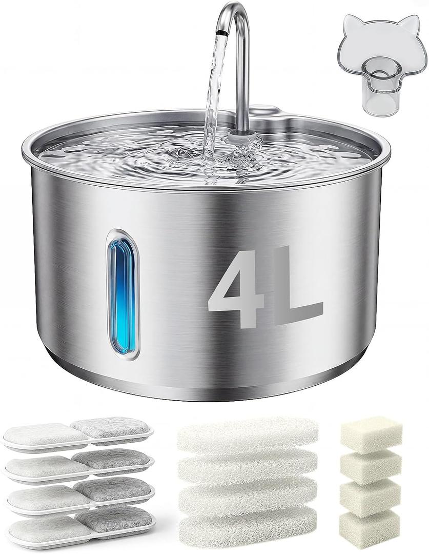 Stainless Steel Cat Water Fountain, 4L/135oz Large Capacity Automatic Pet Water Fountain for Cats & Small Dogs, Quiet USB Powered Pet Water Dispenser with 4 Filters & 4 Sponges