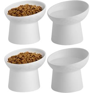 4 Pcs Small Ceramic Raised Cat Bowls, Tilted Elevated Food or Water Bowls, Stress Free, Backflow Prevention, Dishwasher and Microwave Safe, Lead & Cadmium Free(4pc White)