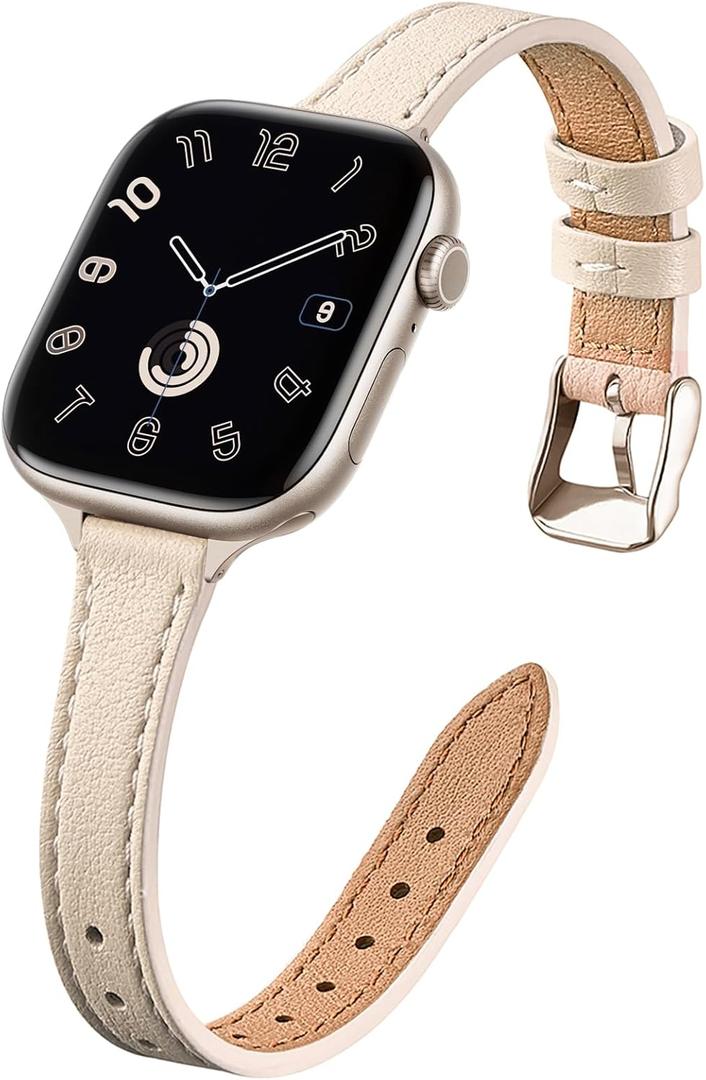 STIROLL Slim Leather Bands Compatible with Apple Watch Band 38mm 40mm 41mm 42mm 44mm 45mm 46mm 49mm, Top Grain Leather Watch Thin Wristband for iWatch Ultra SE Series 10/9/8/7/6/5/4/3/2/1 (38mm/40mm/41mm/42mm(Series 10), Beige with Starlight)