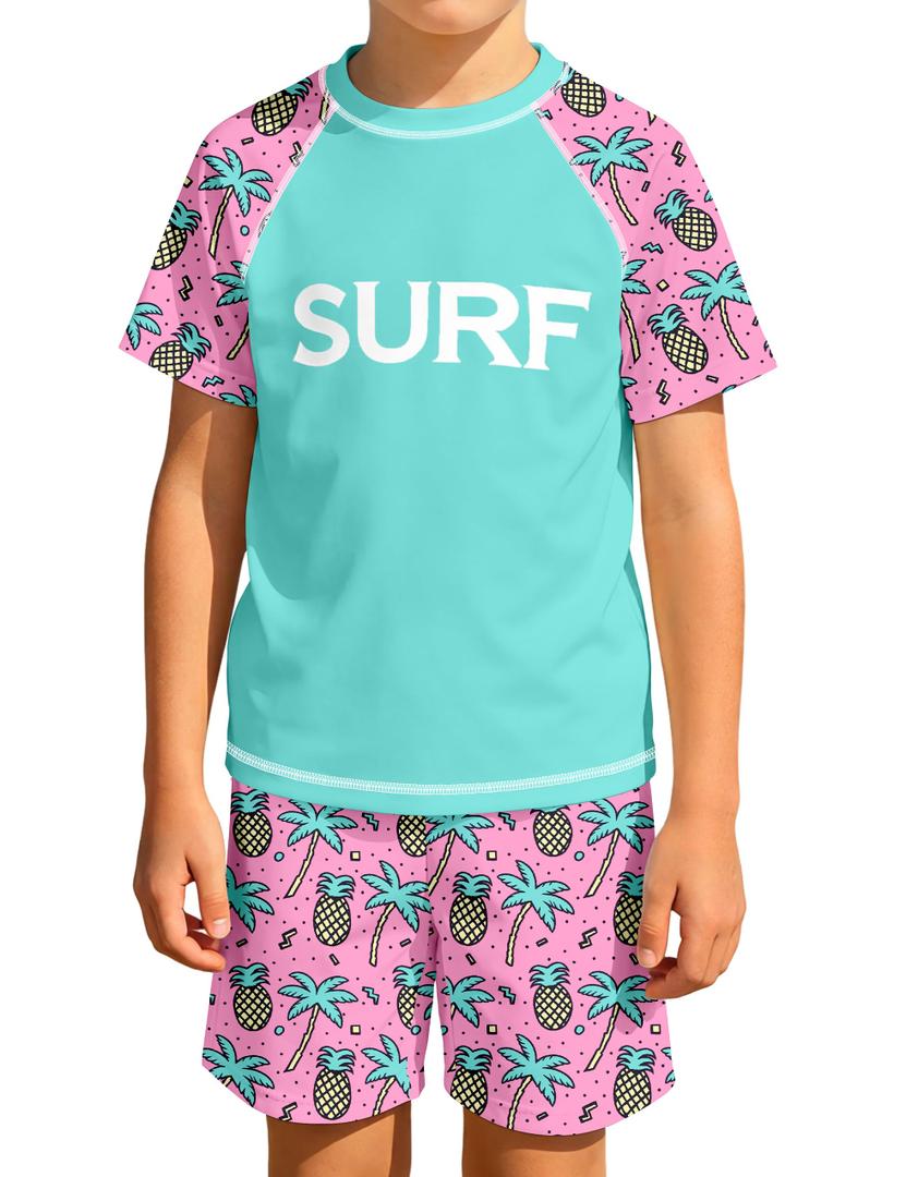 MIGU Boys Swim Set 12-14 Short-Sleeved Rash Guard Bathing Suit 2 Piece Green and Pink Patchwork Pineapple and Coconut Tree Printed Boys Swimsuit and Swim Trunks (Pink)