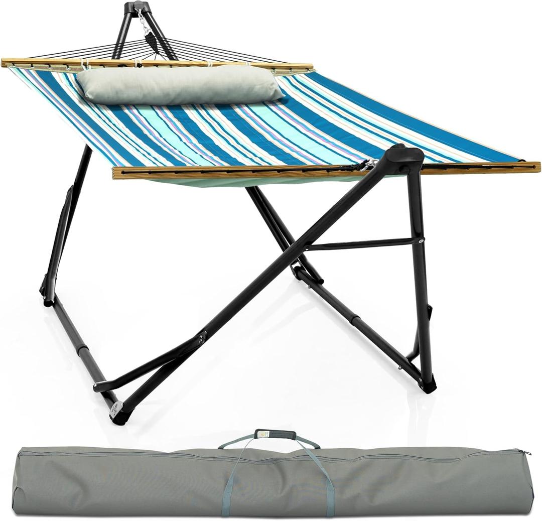 Tranquillo Unity Adjustable Hammock Stand, 800 lbs Capacity Steel Double Hammock Stand for 2 Persons, Premium Pre-Assembled Stand for Indoor Outdoor, Blue Leaf (Large)