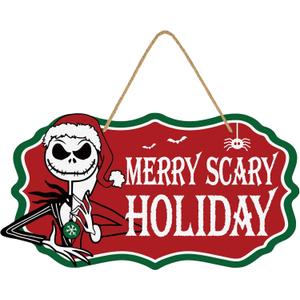 Nightmare Christmas Decorations, Funny Holiday Wood Door Hanging Sign, Merry Scary Holiday Welcome Sign Front Door Decor Party Supplies, Jack Nightmare Christmas Merch Gifts for Women Men