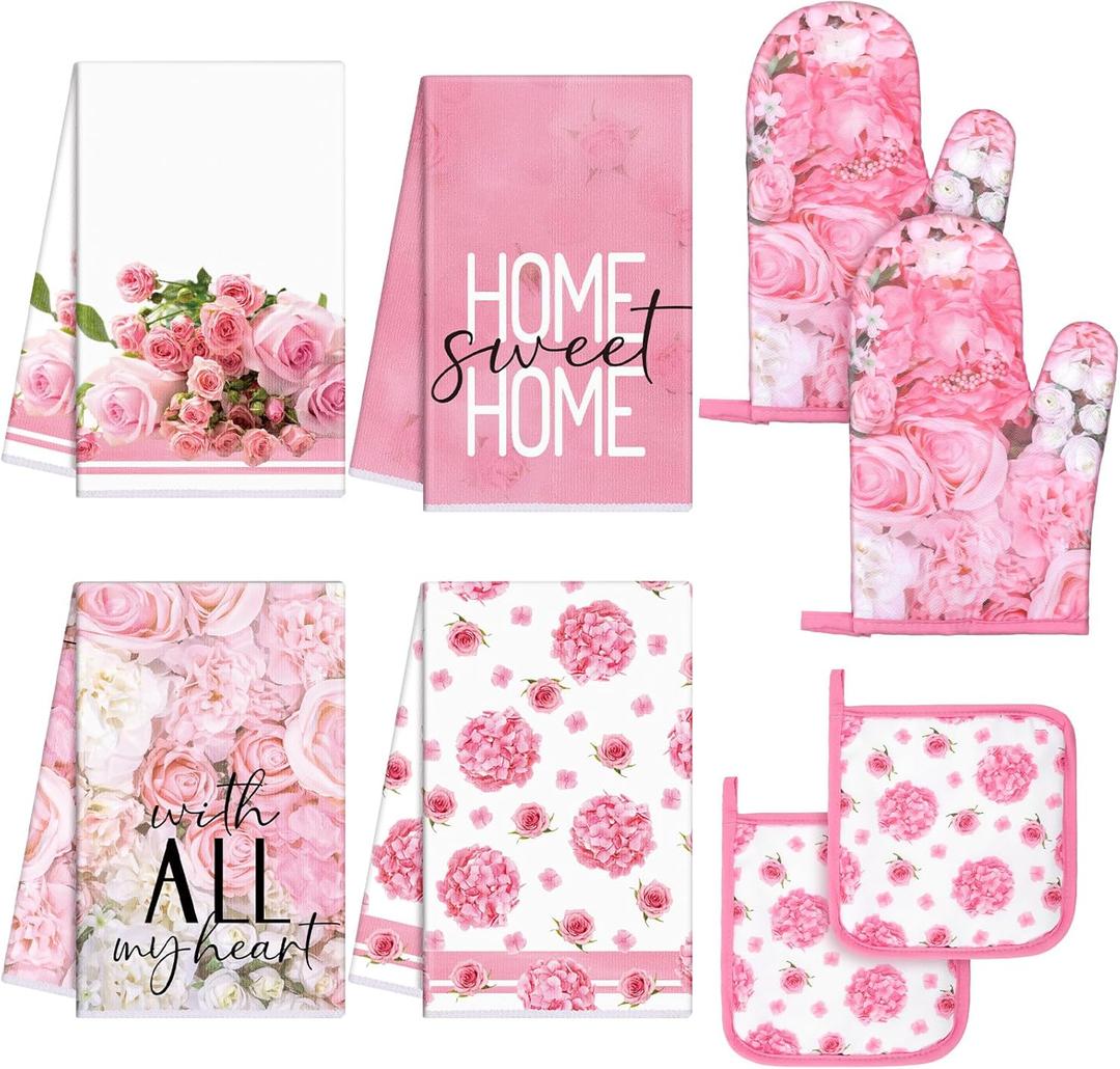 Leinuosen 8 Pcs Pink Rose Kitchen Towels and Dishcloths Sets Oven Mitts and Pot Holders Sets Absorbent Kitchen Gloves Potholders Heat Resistant for Chef Baking Cooking