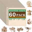 60 Pack Basswood Sheets for Laser Cutting, 12 x 12 x 1/8 Inch, Unfinished Squares Wood Sheets for Crafts - Smooth Surface Plywood for Wood Burning, Engraving, Architectural Models, Painting & Staining