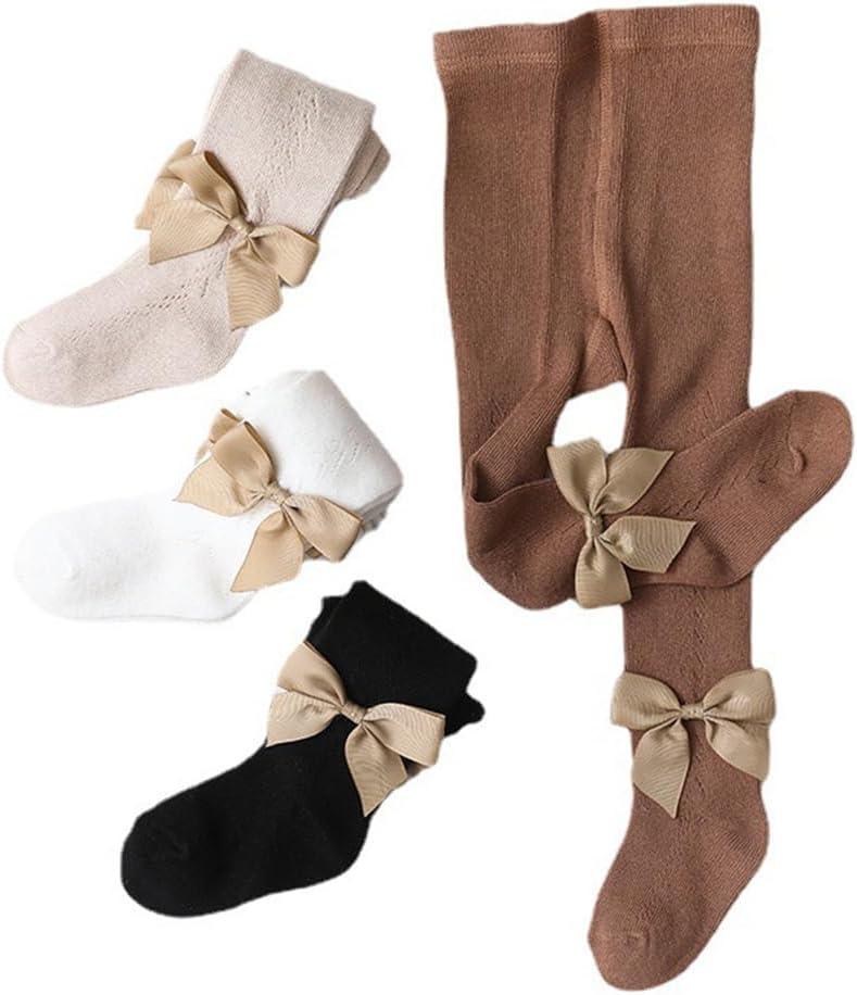 Baby Girl Tights Toddler Cable Knit Tights with Bow Seamless Mesh Leggings Stockings Infant Cotton Pantyhose (0-6 Months, 4 Pack-bow(black+coffee+khaki+white))