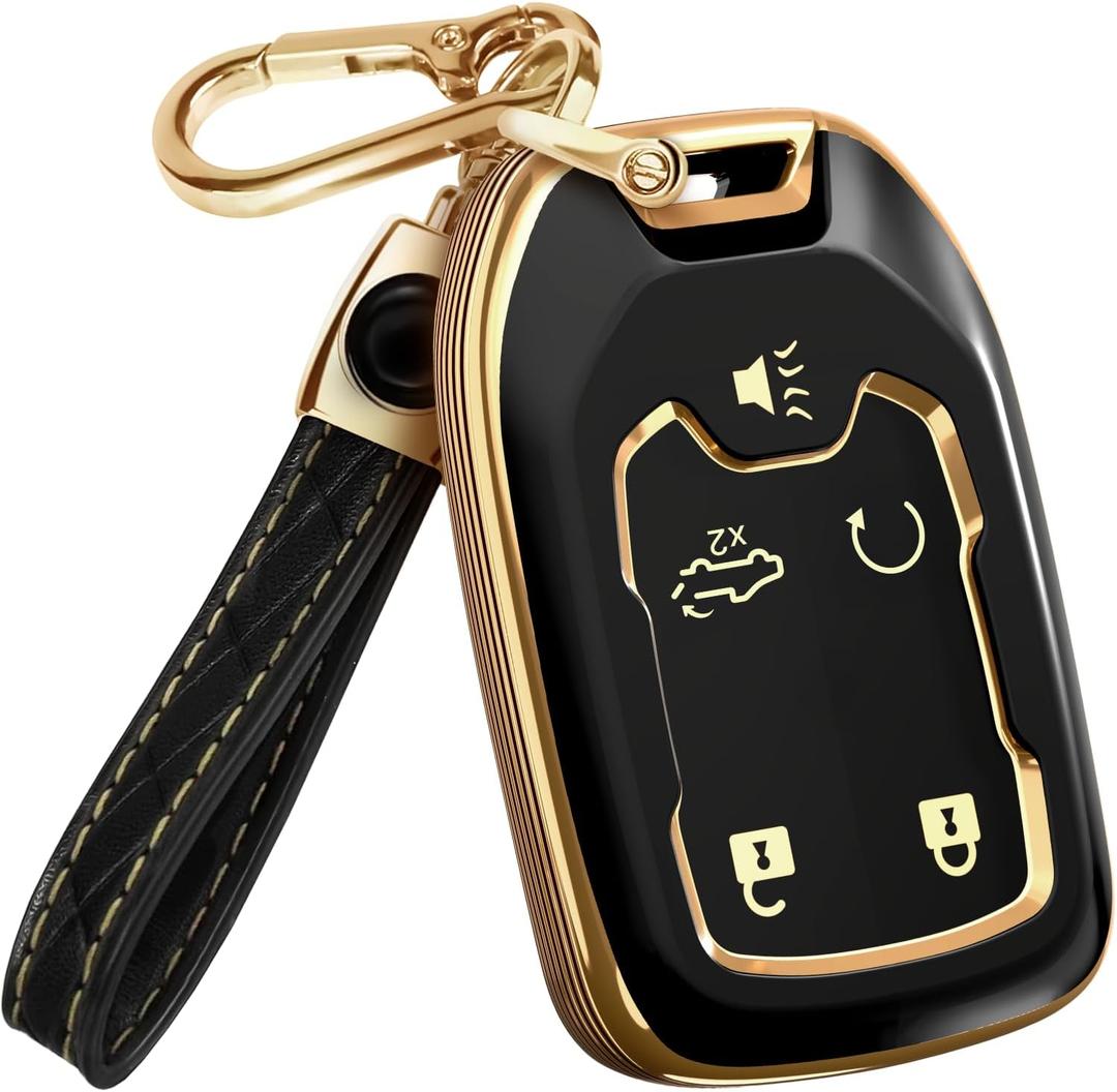 Lucrum for GMC & Chevy Key Fob Cover & Leather Keychain - TPU Keyfob Case for Suburban Acadia Sierra Tahoe Yukon - 2014-2025 (Black)