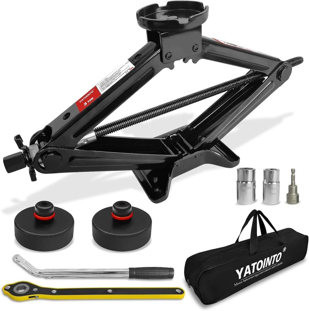 Car Scissor Jack for Tessla, 6614 LBS/3 Ton Portable Tire Changing Kit Includes Black Scissor Jack Socket Drill Adapter Jack Pad Ratchet Wrench, for Model Y Model 3/S/X (3TON(7-Pack))