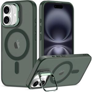Nvollnoe for iPhone 16 Case Compatible with MagSafe Military Grade Shockproof Heavy Duty Protective Adjustable Kickstand Matte Semi Clear Phone Case for iPhone 16(Dark Green)