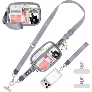 Tiostep Clip and Go Strap for Phone with Wallet Crossbody Phone Lanyard Adjustable and Detachable Clear Bag with Zipper Pouch for Stadium Events and Concert (Gray, S)