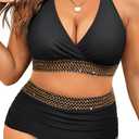 Yonique Womens Plus Size Bikini High Waisted Swimsuits Two Piece Bathing Suits Tummy Control Swimwear Black Weave, 16Plus