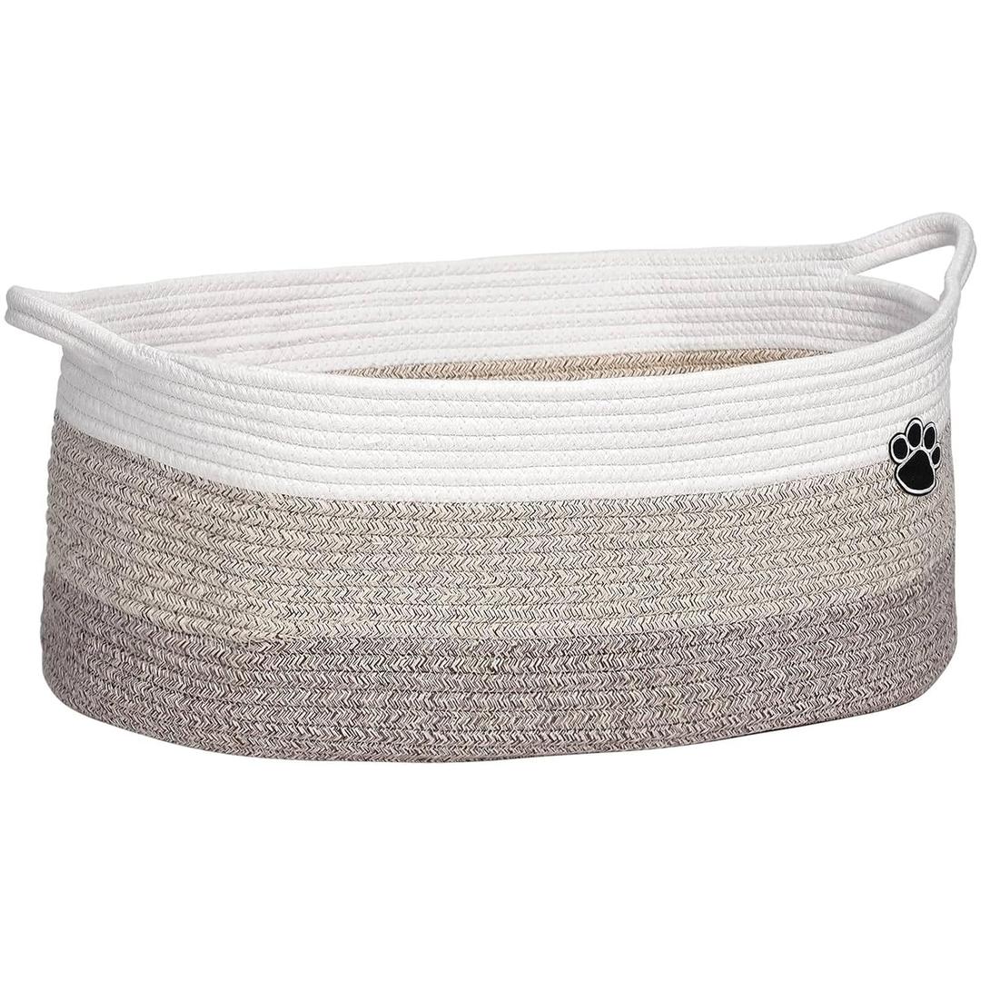 Optish Dog Toy Basket, Toy Box and Bin for Dog Cat Storage, 19.7" X 11" X 7.9" (30L) Large Woven Rope Basket for Blanket Storage, Living Room, Bedroom, White & Brown