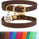 BRONZEDOG Leather Cat Collar with Removable Bells Non Breakaway Kitten QR Tag for Girl Boy (7" - 9" for Cats, Dark Brown & Gold)