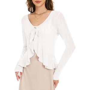 Wedtrend Women's Lace Cardigan Tie Front Sheer Bolero Floral Lace Bolero Ruffle Shrug for Formal Dresses (Large, White)