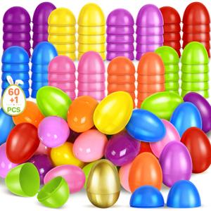 SpringFlower 2.3 Unfilled Easter Eggs, 60 pcs Colorful Egg Plus 1 Golden Egg, Empty Plastic Eggs Fillable with Candy, Treats, Presents for Toy Basket,Easter Decorations, Toy Egg Basket,Boys & Girls